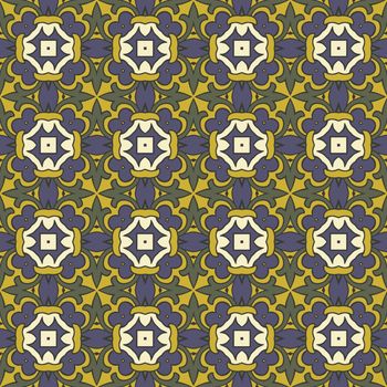 Seamless illustrated pattern made of abstract elements in blue and shades of yellow and green
