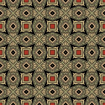 Seamless illustrated pattern made of abstract elements in beige, turquoise, red and black