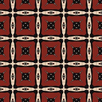Seamless illustrated pattern made of abstract elements in beige,red and black