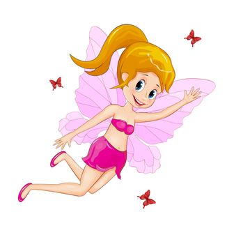 Cartoon fairy in pink clothes on a white background. Flying fairy and butterflies.