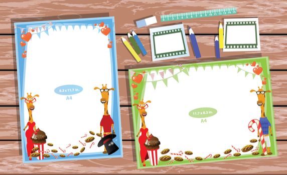 Photo frame on the table. Horizontal and vertical. Illustration for your design. With frames with giraffes. A pair of giraffes with sweets. On the table with pencils
