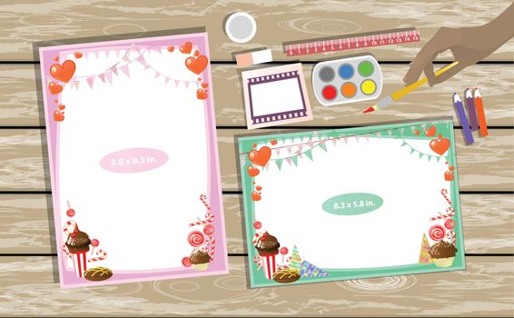 Photo frame on the table. Horizontal and vertical. Illustration for your design.