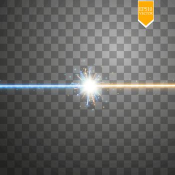 Star clash and explosion light effect, neon shining laser collision surrounded by stardust on transparent background. Expressive illustration, technical innovation, shocking news or invention symbol. Vector.