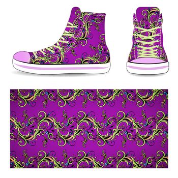 Sneakers with purple seamless flower pattern, vector illustration isolated on white background.
