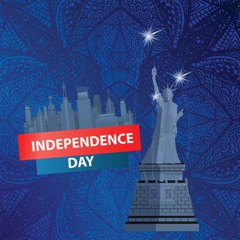 Independence Day United States. The city of New York. On a patterned background from a hand drawing vector illustration for your design blue. A statue of freedom and salute.