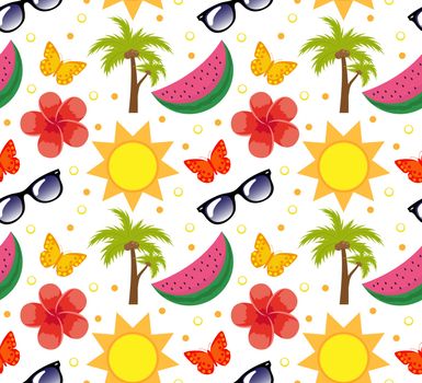 Summertime seamless pattern. Bright summer infinite background. Beach, vacation, sea theme repeating texture. Vector illustration
