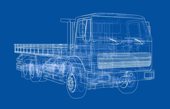 European truck outlined vector rendering of 3d. The layers of visible and invisible lines are separated