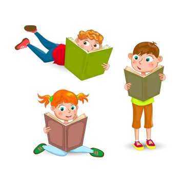 Children with books on a white background.