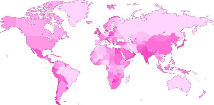 Detailed map of the World with countries in pink colors. Vector illustration.