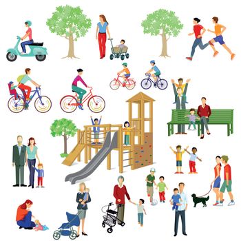 Families and people play in the park, illustration