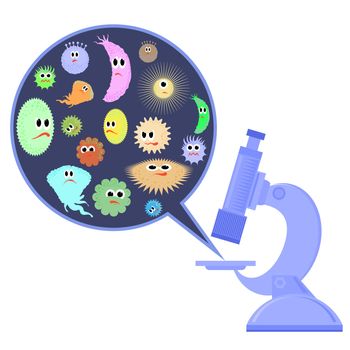 Set of Different Cartoon Microbes and Microscope. Pandemic Colored Backteria. Dangerous Bad Viruses. Germs Backterial Mickroorganism. Bacterium Monsters