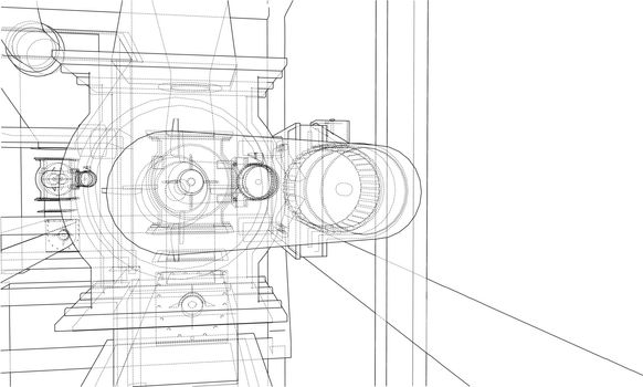 Wire-frame industrial equipment. Vector rendering of 3d. The layers of visible and invisible lines are separated
