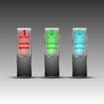 Vector illustration of transparent banners with steps and text with different colored illumination.