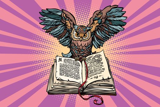Owl on an old book, a symbol of wisdom and knowledge. Comic book cartoon pop art retro vector illustration