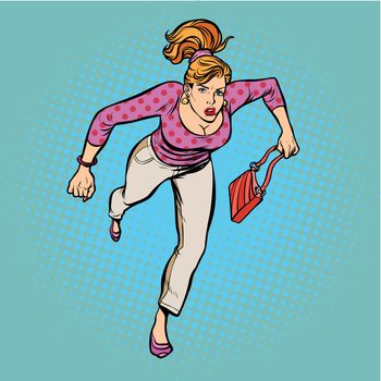 Beautiful woman with a bag running. Pop art retro vector illustration comic cartoon vintage kitsch drawing