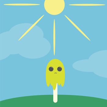 Cartoon cute Ice cream melting on a hot day. Vector illustration. Melting green ice cream on a blue background