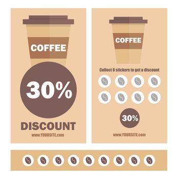 A gift coffee voucher or discount coupon. Vector Flat voucher template. Promotion coupons with stickers