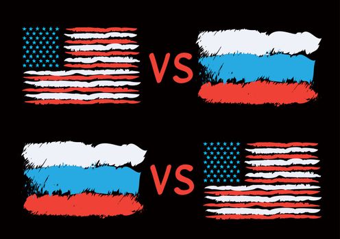 Conflict between USA and Russia. Rectangular flags on dark background. Cold war illustration