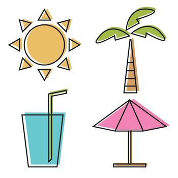 Vector Illustration Of four Summer line Icons. Editable Pack Of coloring Elements for design - sun, umbrella, soda, palm tree