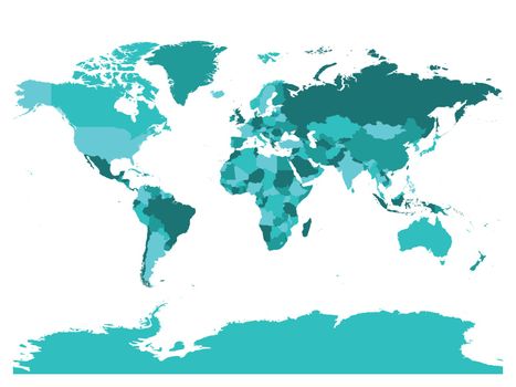 World map in four shades of turquoise blue on white background. High detail blank political map. Vector illustration.