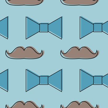 Mustache, Bow tie seamless pattern. Fathers Day holiday repeating texture, endless background. Vector illustration