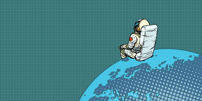 astronaut sits on the planet Earth. Pop art retro vector illustration comic cartoon vintage kitsch drawing