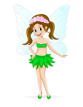 Cartoon fairy on a white background. The fairy is dressed in a skirt of green leaves and with flowers in her hair.