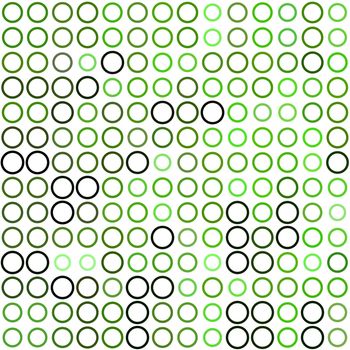 Seamless background made of rings in various sizes and colors ordered in rows. Vector illustration in shades of green on white background.