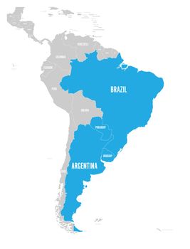Map of MERCOSUR countires. South american trade association. Blue highlighted member states Brazil, Paraguay, Uruguay and Argetina. Since December 2016.