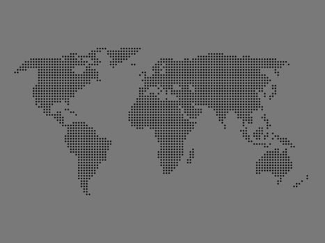 Dotted world map. Dark grey map on grey background. Vector illustration made of small circles.