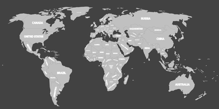 Dark grey political world map with light grey background and white labels of sovereign countries and larger dependent territories. Simplified map. South Sudan included.