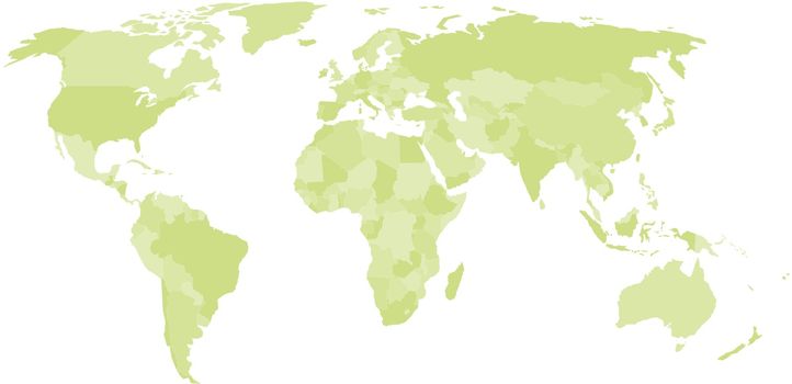 Blank political map of world in four shades of green and white background. Simplified vector map.
