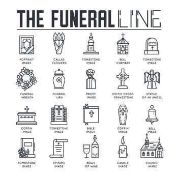 Thin lines collection icons set dedicated to funeral, death, and cemetery. Vector outline ritual attributes in life of people background.