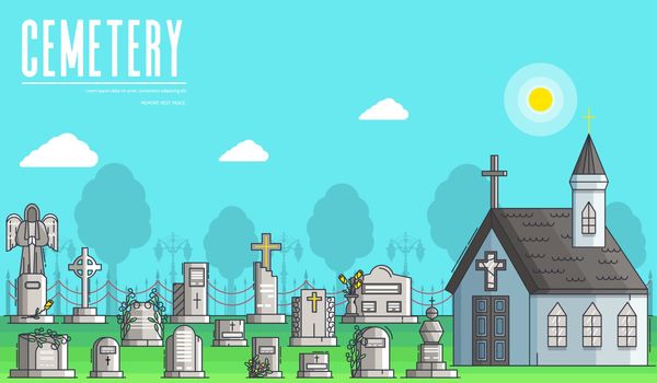 Cemetery with different graves and small Christian church in sunny day. Layout modern vector background illustration design concept.