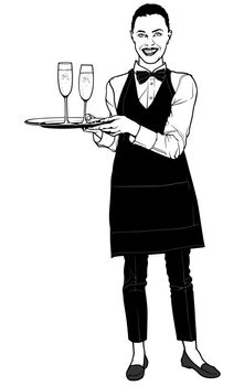 A Waitress Carrying a Champagne on a Tray - Black and White Sketch Illustration, Vector
