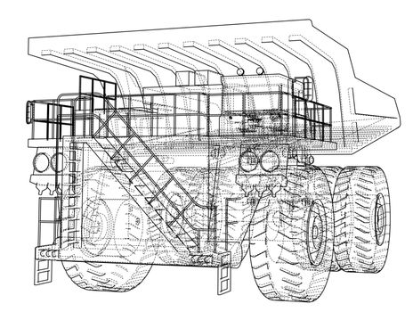 Big truck outlined vector rendering of 3d. The layers of visible and invisible lines are separated
