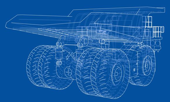 Big truck outlined vector rendering of 3d. The layers of visible and invisible lines are separated
