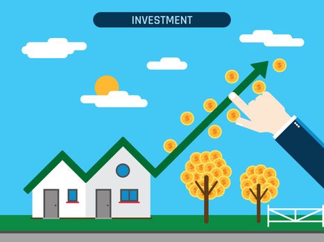 Property investment. House with growth chart and coins, hand showing investment success. Concept of business and innovative work.Flat vector illustration.