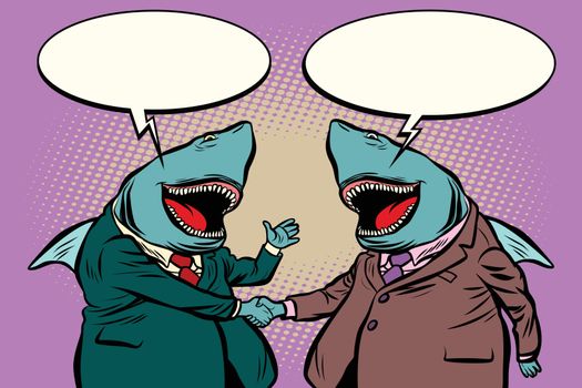 business sharks talk to each other. Comic cartoon pop art retro illustration vector kitsch drawing