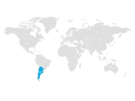 Argentina marked by blue in grey World political map. Vector illustration.