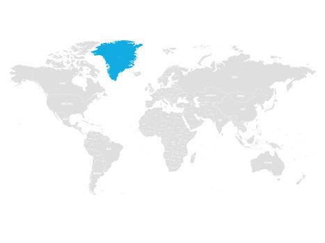 Greenland, autonomous constituent country of Denmark, marked by blue in grey World political map. Vector illustration.