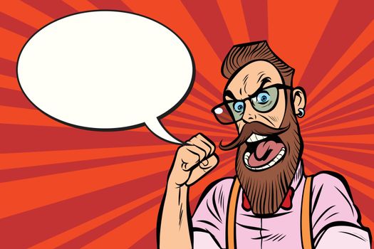 Stylish bearded hipster with glasses rage anger. Comic cartoon pop art retro illustration vector drawing