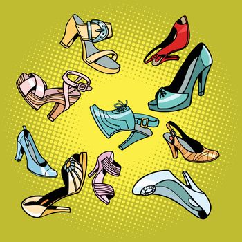 Fashionable womens shoes. Comic cartoon pop art retro vector illustration drawing