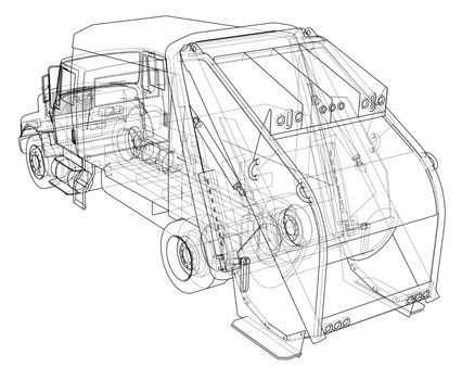 Garbage truck concept. Vector rendering of 3d. Wire-frame style. The layers of visible and invisible lines are separated