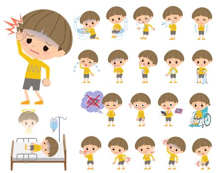 Set of various poses of Yellow clothes Bobbed boy About the sickness