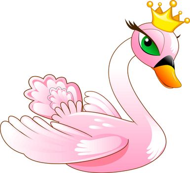 Bird swan. Cartoon pink swan on a white background.