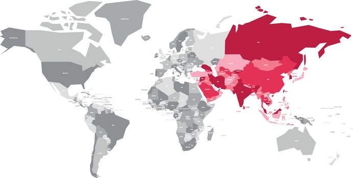 Map of World in grey colors with red highlighted countries of Asia. Vector illustration.