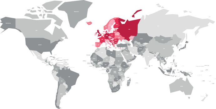 Map of World in grey colors with red highlighted countries of Europe. Vector illustration.