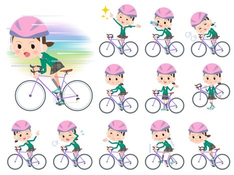 Set of various poses of school girl Green Blazer ride on rode bicycle