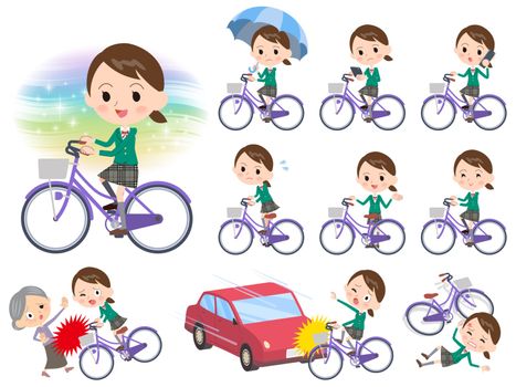 Set of various poses of school girl Green Blazer ride on city bicycle